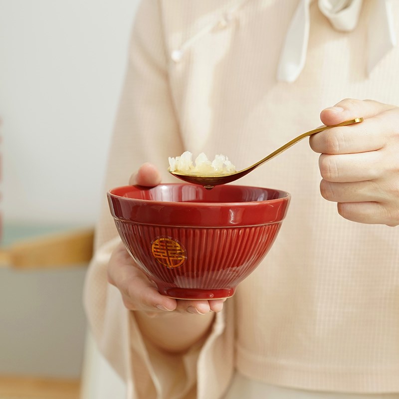 结婚喜碗筷套装一对送新人礼物女方陪嫁实用订婚礼品红色新婚对碗