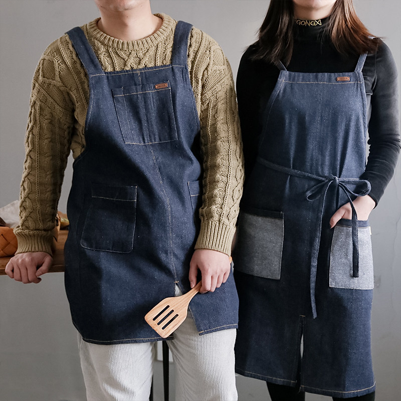 时尚家用布艺牛仔围裙定制男女工作服印logo厨房烘焙画画简约罩衣