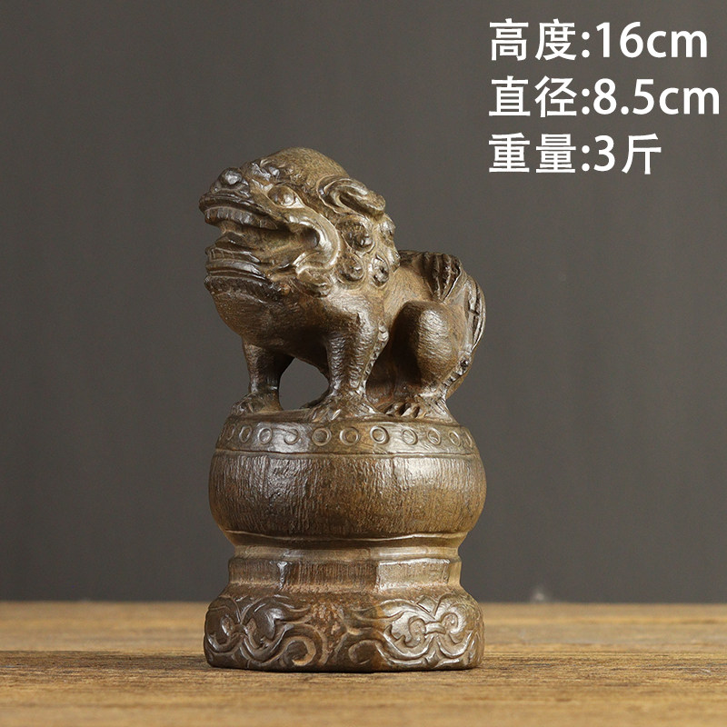 中式复古青石仿古雕刻收藏把玩摆件双层鼓钉正脸石狮子案头石鼓狮