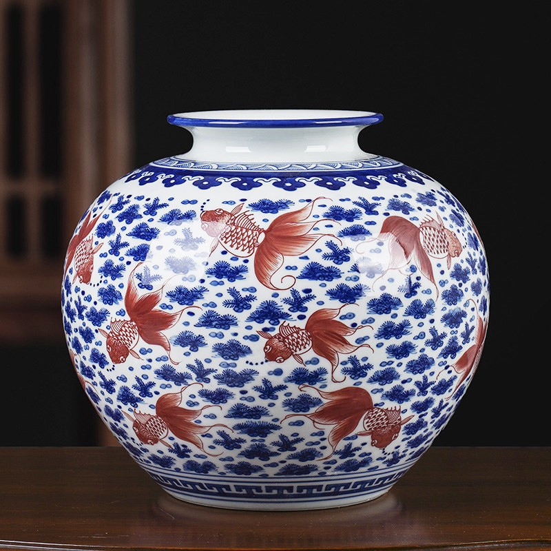 花瓶陶瓷青花釉里红笔洗茶洗金鱼缸手绘 仿古装饰品新家客厅摆件