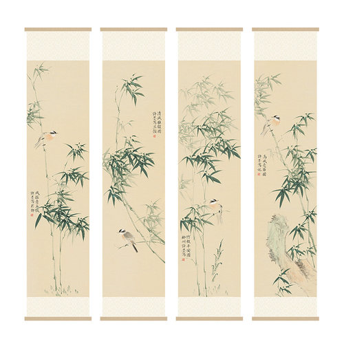新中式书房挂轴竹报平安装饰画茶室餐厅挂画竖版走廊过道墙壁画