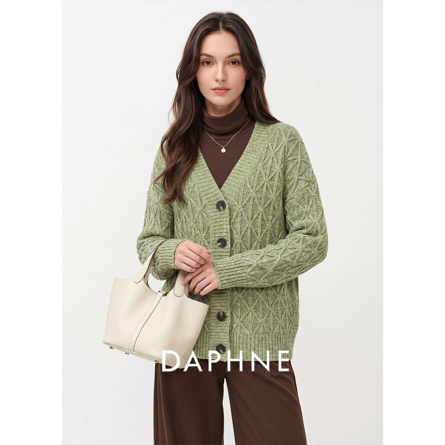 Daphne达芙妮羊毛慵懒风V领绿色纽扣针织开衫毛衣女秋季宽松外套