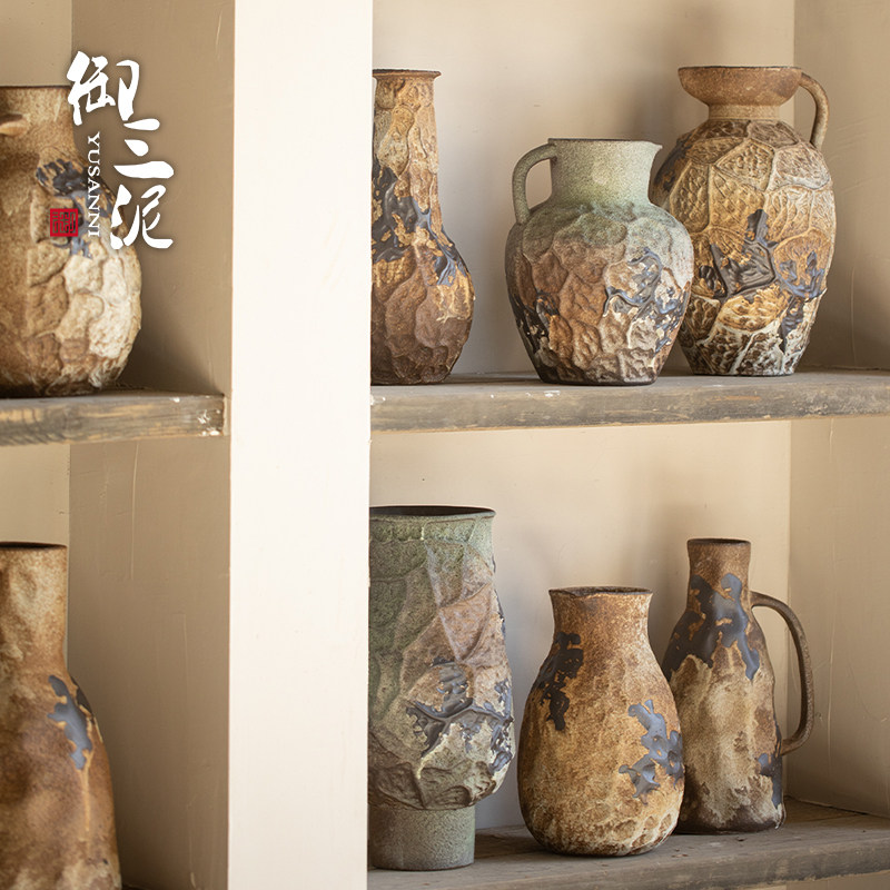 陶瓷花瓶手提把手粗陶瓶插花复古手工民宿酒店侘寂禅意摆件花器