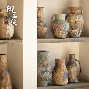 陶瓷花瓶手提把手粗陶瓶插花复古手工民宿酒店侘寂禅意摆件花器