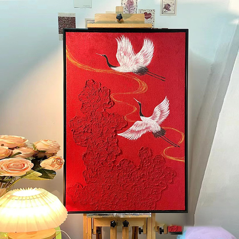 2024新年中国风仙鹤石英砂丙烯肌理画diy材料手工数字油画装饰画