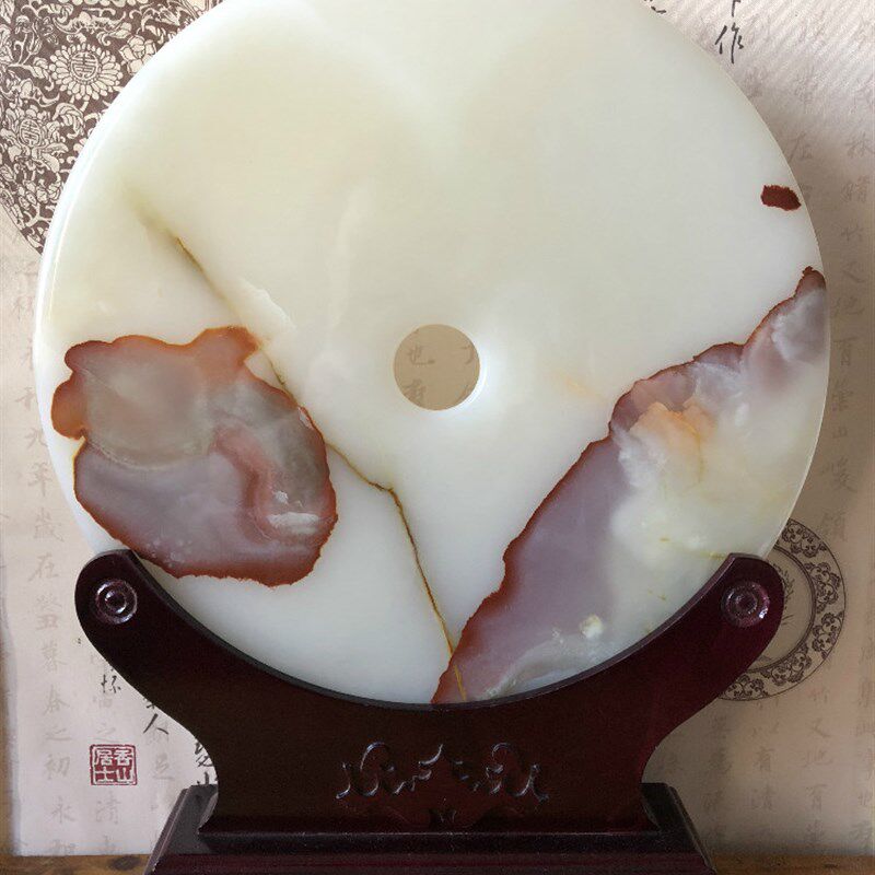 巴基斯坦天然玉石平安扣家居装饰摆设玄关乔迁和氏璧红花图案摆件