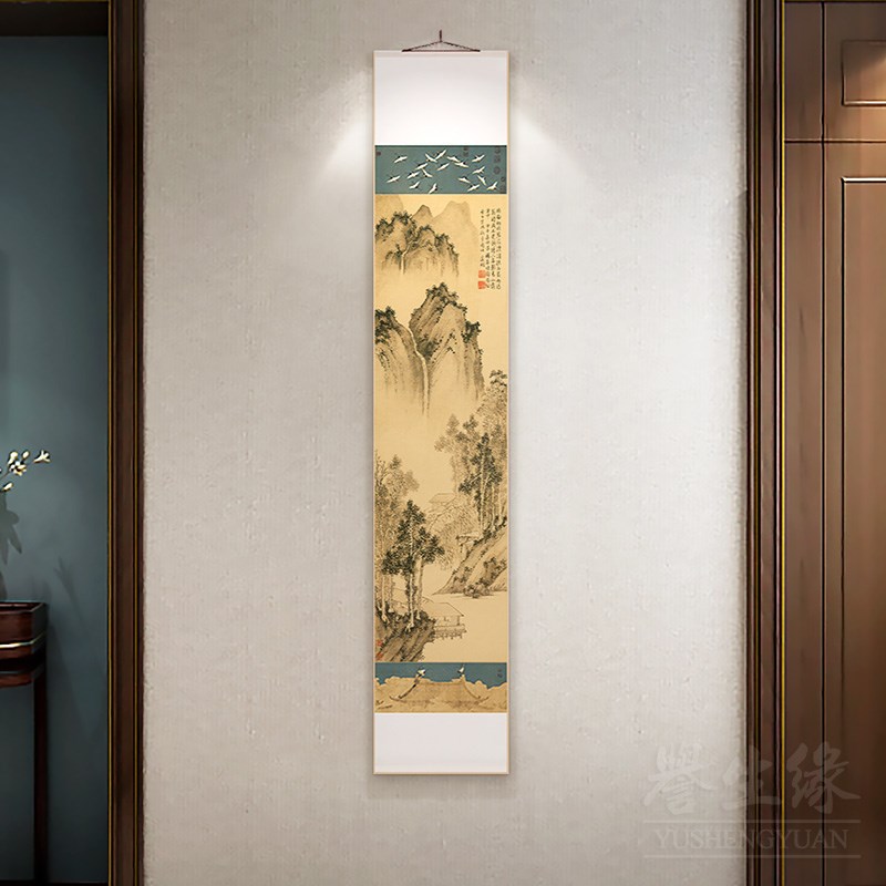 瑞鹤图新中式卷轴挂画竖版陈少梅溥儒山水国画玄关走廊过道装饰画