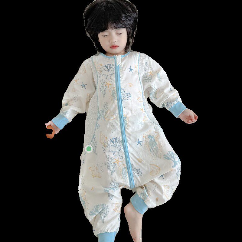 夏季宝宝长袖薄款连体睡衣儿童竹棉纱布夏天空调服婴幼儿防踢睡袋