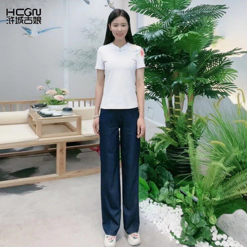 夏季轻薄长裤亮丝磨白宽松舒适松紧腰裤子透气百搭女阔腿裤牛仔裤