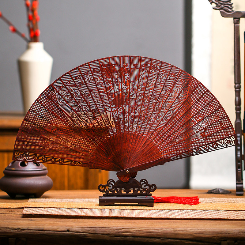 檀香紫檀扇子镂空折扇古风小叶金丝楠乌木黄花梨高端中国风苏扇
