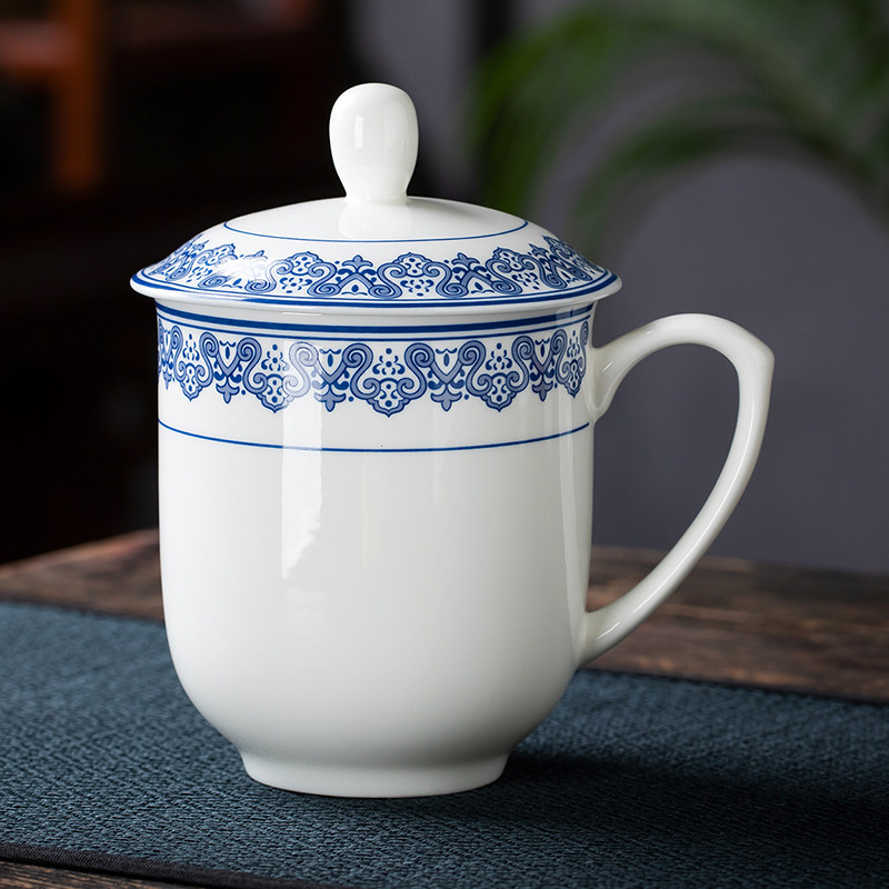 景德镇茶杯陶瓷马克杯带盖水杯家用办公杯定制青花瓷杯子10只套装