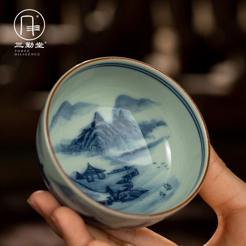 三勤堂陶瓷功夫茶具主人杯专用景德镇中式手绘青花山水杯普洱茶杯
