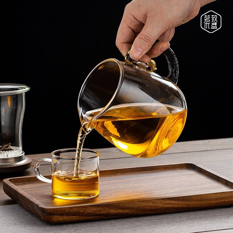 耐热加厚玻璃杯蘑菇杯过滤花茶壶胡桃木泡茶杯办公室小型日式恒温