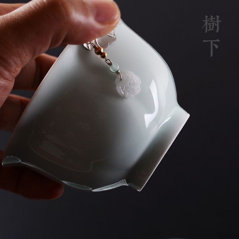 日式手工青瓷盖碗镶银玉坠饰盖碗功夫茶具陶瓷盖碗青花瓷创意茶道