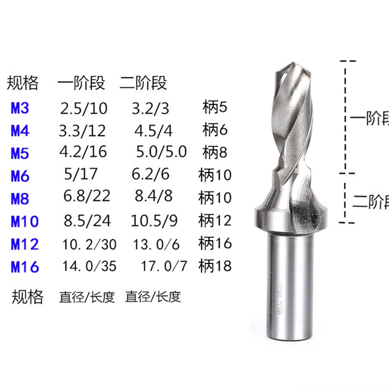 C型中心钻攻丝阶梯钻头倒角钻孔一体3 4 5 6mm 8 10mm 12 14 16mm