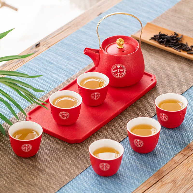 结婚改口敬茶杯茶具礼盒套装红色陶瓷茶壶小托盘陪嫁送闺蜜伴手礼图片