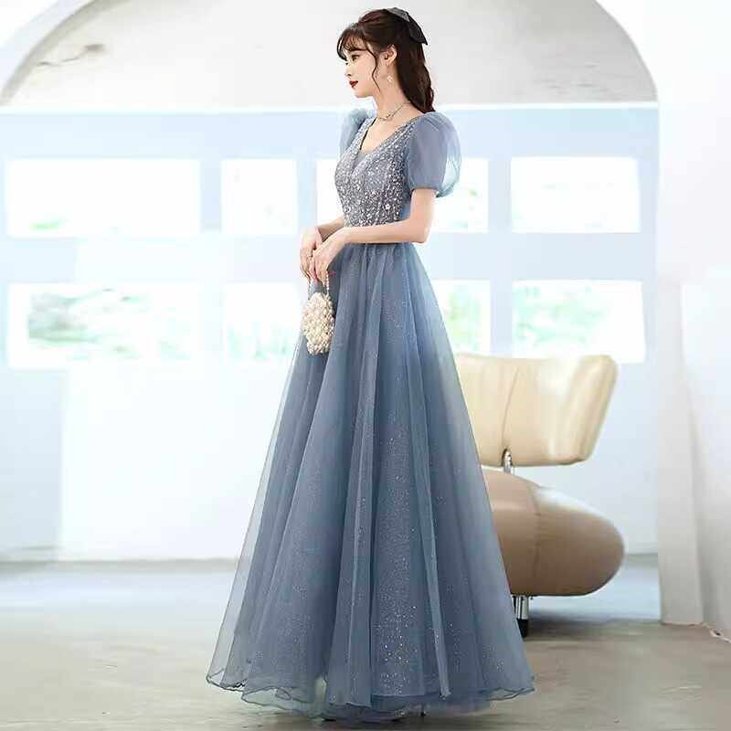 蓝色晚礼服女2024新款高级感生日成人礼公主裙宴会合唱演出主持人