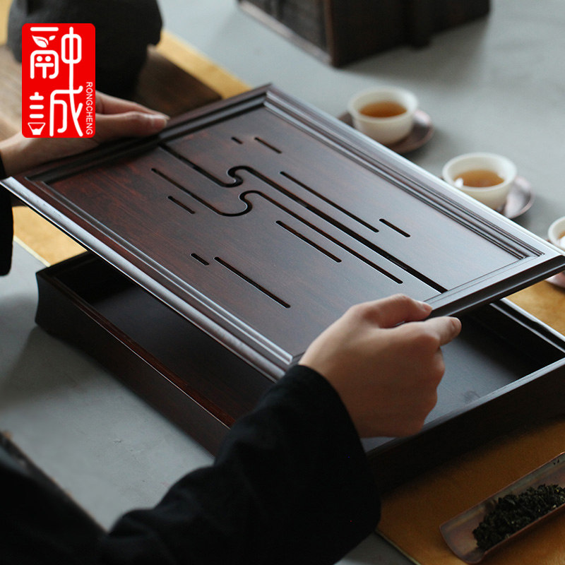 茶盘家用竹制圆形茶托盘复古储排水小型茶海中式功夫茶具大号茶台