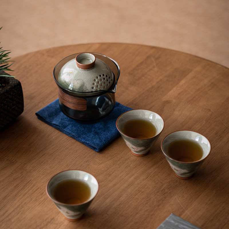 画续户外旅行功夫茶具套装手绘荷花便携式玻璃快客杯一壶二杯陶瓷