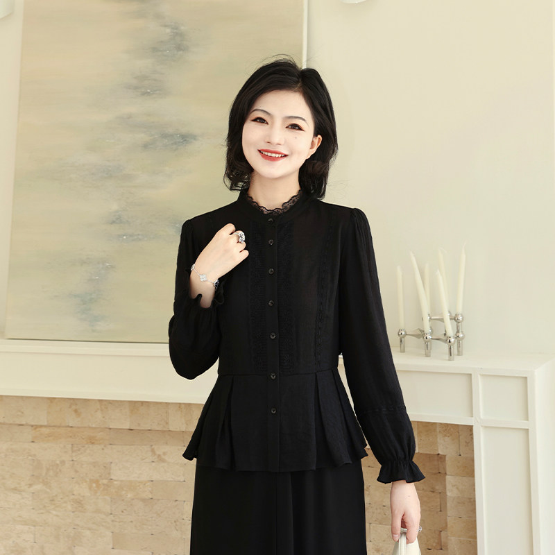 枫竺春秋款黑色收腰蕾丝拼接立领长袖衬衫女上衣2024秋季新款衬衣