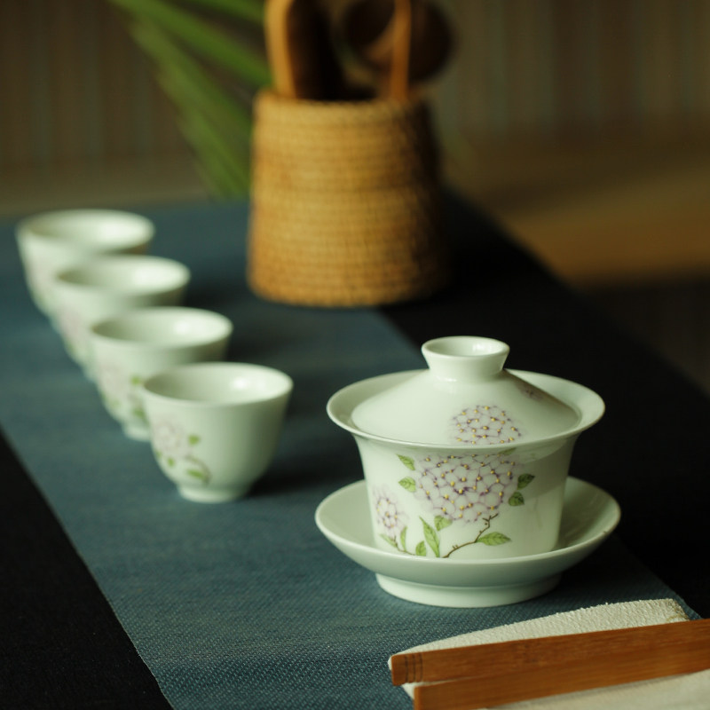 景德镇影青玉泥陶瓷手绘绣球花茶壶功夫茶具套装品茗茶杯盖碗薄胎