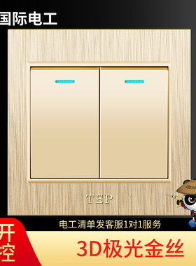 3D拉丝TEP墙壁开关面板家用香槟金双开单联二开单控带荧光