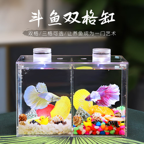 亚克力鱼缸长方形盖板隔离板小型生态斗鱼双格缸专用超透迷你带灯