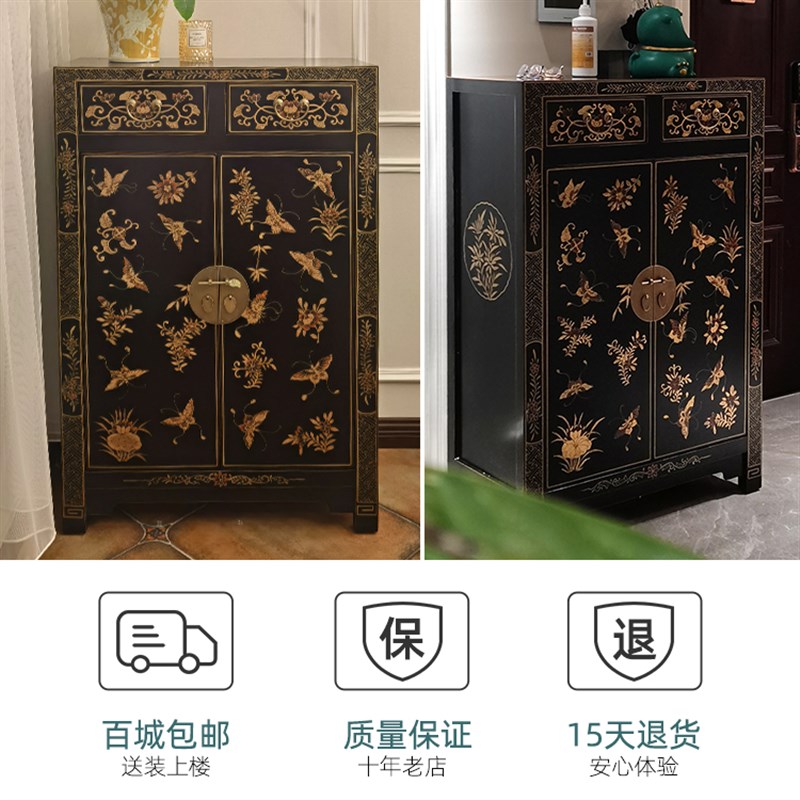 中式描金古典鞋柜蝴蝶仿古玄关柜彩绘复古装饰柜实木手绘入户柜