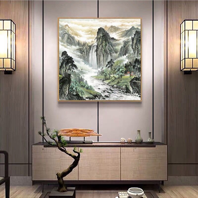 八方聚财鸿运当头挂画玄关流水生财聚宝盆招财旭日东升国画山水画