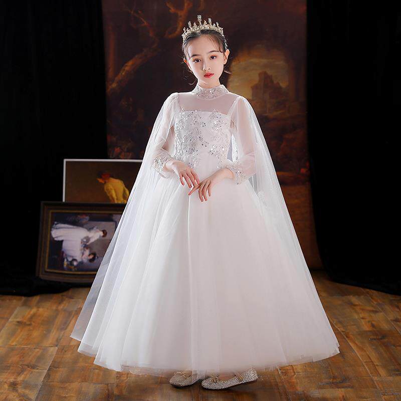 女童晚礼服儿童公主裙小孩花童婚纱模特走秀长袖钢琴演奏服高端夏