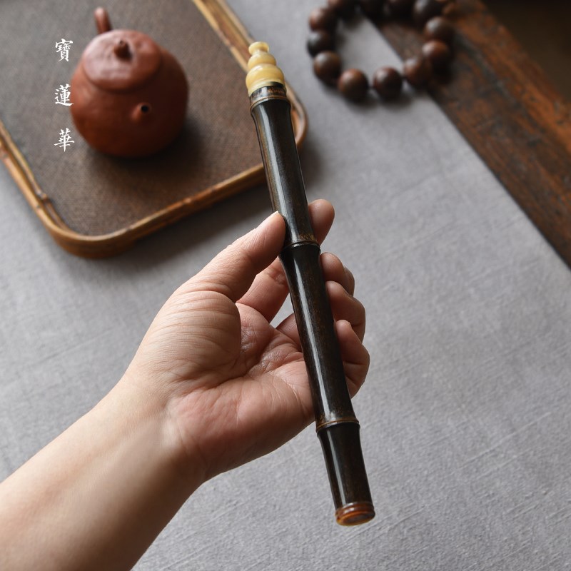 紫竹节香筒镶花牛角盖带铜香插孔 线香筒香收纳盒 茶道具香道茶玩