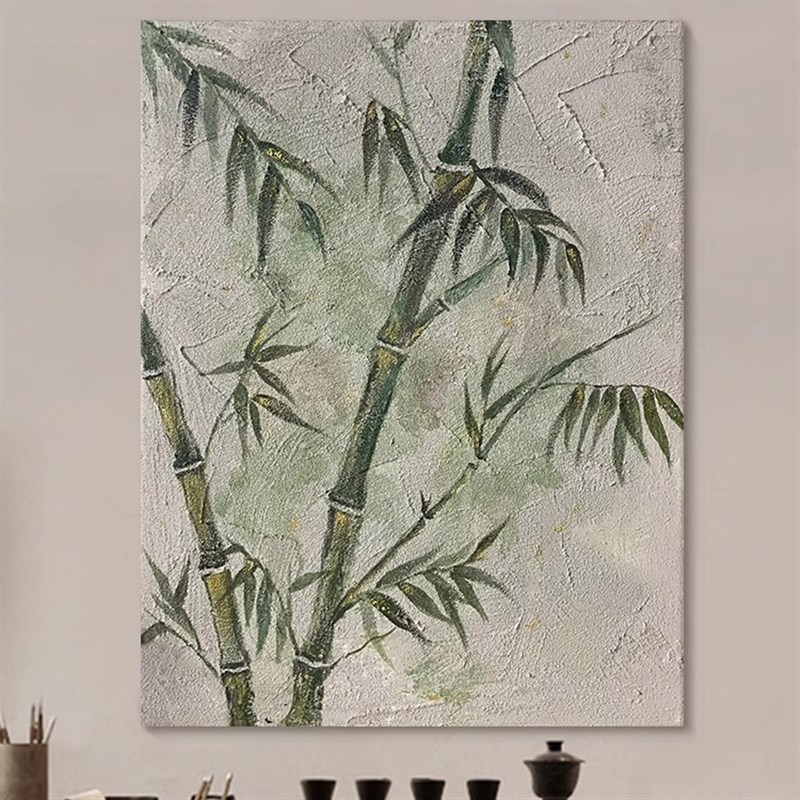 竹报平安纯手绘油画新中式节节高绿色竹叶客厅装饰画茶室肌理挂画