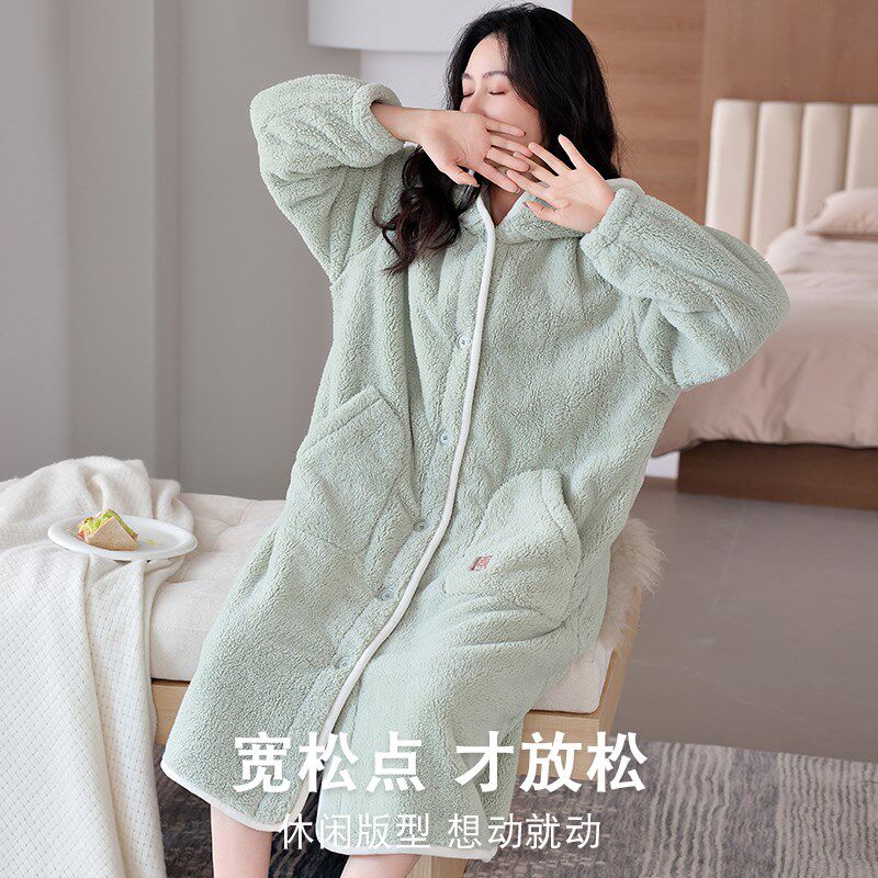 睡袍女珊瑚绒冬季浴袍女士法兰绒冬天加绒加厚大码晨袍长款家居服
