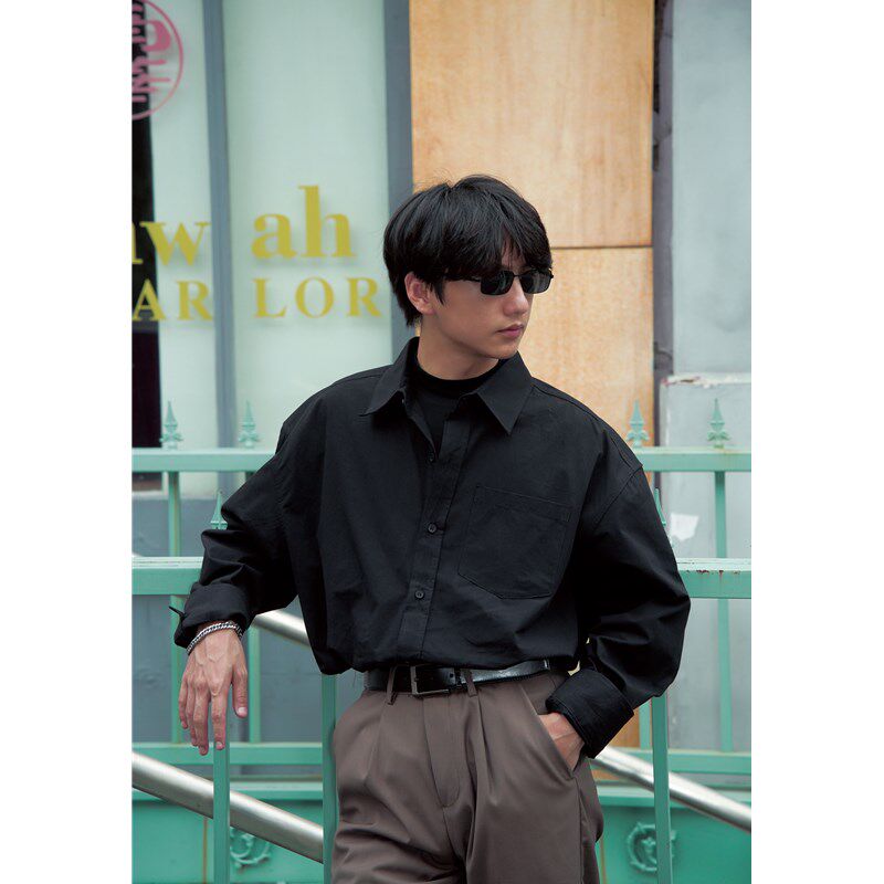 何记港风/6色 长袖衬衫 复古宽松百搭休闲工作服衬衫外套男