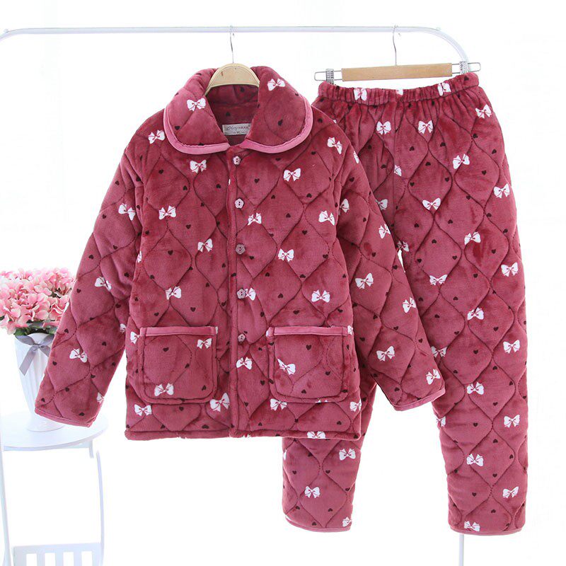 中老年睡衣女冬季加绒加厚法兰绒三层夹棉大码长袖妈妈家居服套装