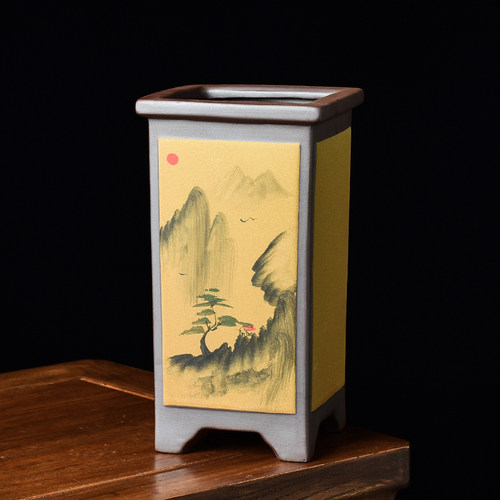 中国风手绘紫砂花盆陶瓷兰花专用盆景高款飘枝造景四方大号绿植盆