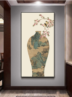 新中式玄关装饰画花鸟山水竖版挂画入户进门走廊茶室背景墙壁画