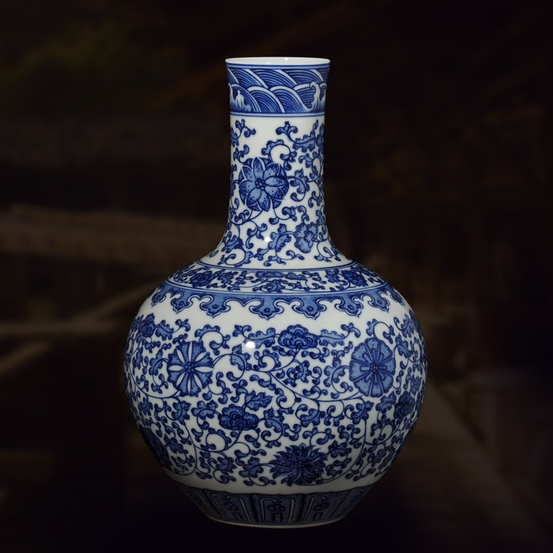 景德镇陶瓷器手绘天球瓶中式青花瓷花瓶家居装饰摆件客厅台面花插