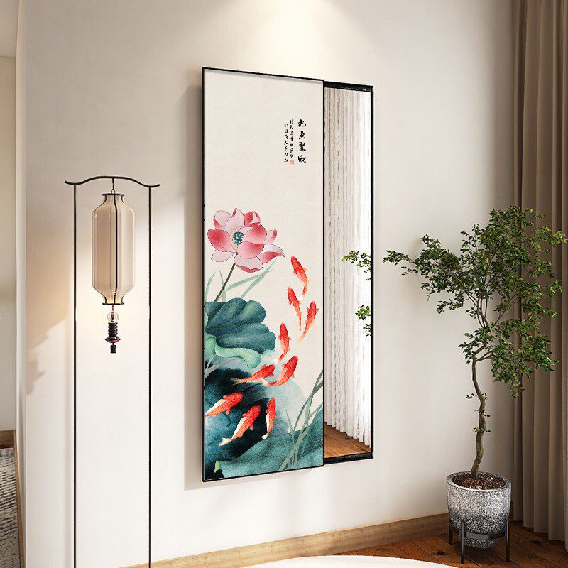 中式荷花隐藏式全身镜壁画卧室穿衣镜壁画可推拉关闭