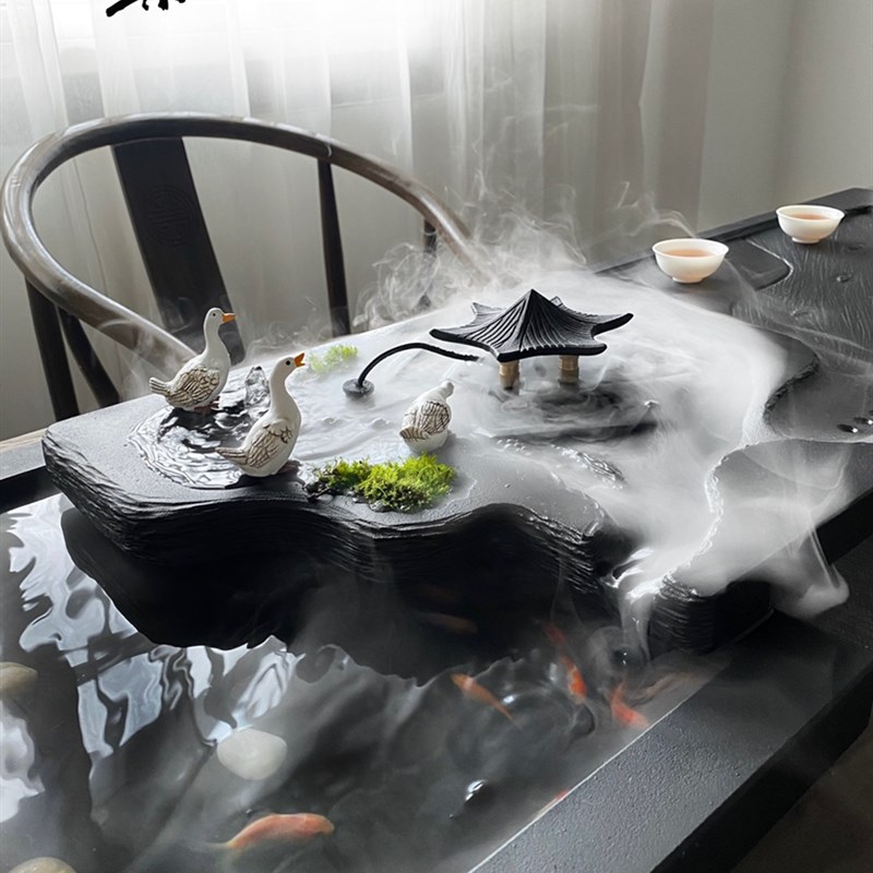 高端乌金石茶盘雾化流水养鱼茶台特大号石材功夫茶烧水壶一体茶海