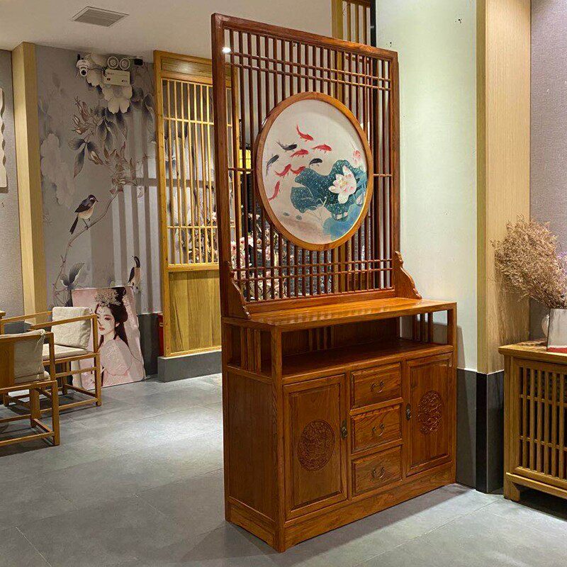 新中式榆木屏风玄关柜实木客厅门厅隔断柜间厅柜入户双面雕花鞋柜