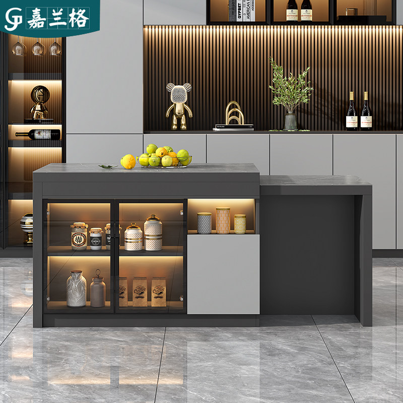 嘉兰格轻奢岩板岛台餐桌一体 可伸缩开放式厨房吧台展示柜抽拉餐
