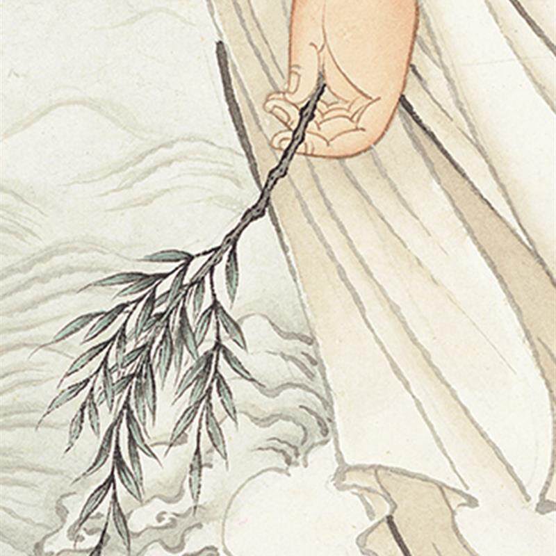 夏荆山观音菩萨海上人物祥云禅意中式微喷临摹画稿国画莲花挂画