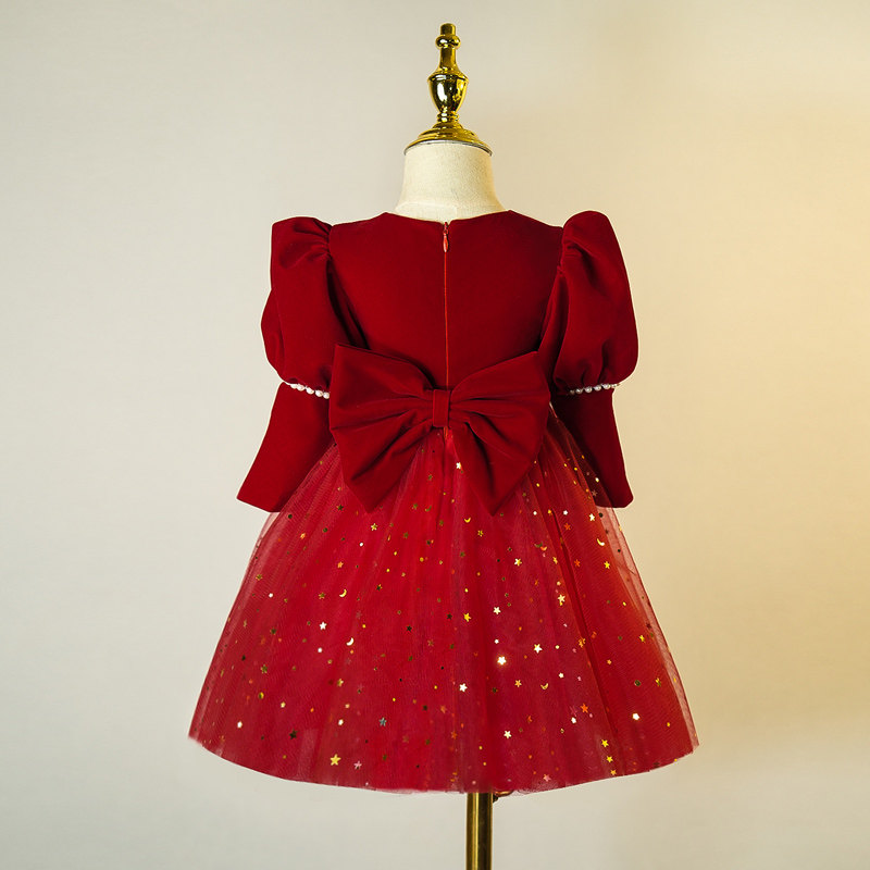 红色女童高端晚礼服公主裙儿童生日周岁主持花童婚礼女孩钢琴轻奢