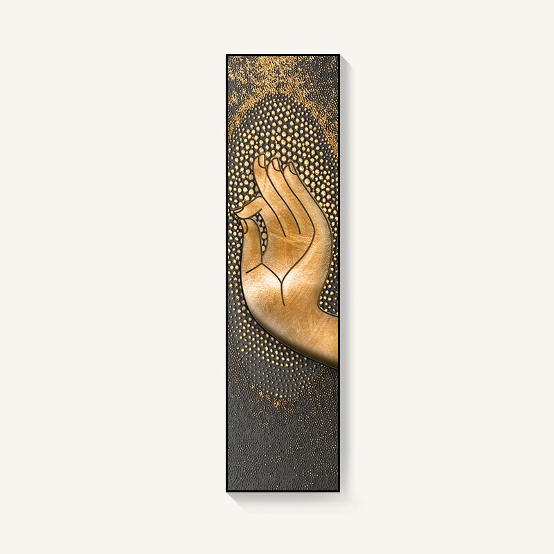 金色佛手新中式玄关装饰画定做茶室挂画禅意走廊竖版长条莲花三联