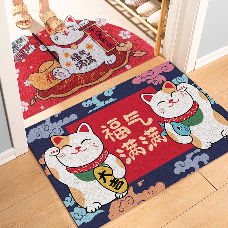 招财猫入户门地垫家用红色丝圈防滑地毯出入平安进门门口耐磨脚垫