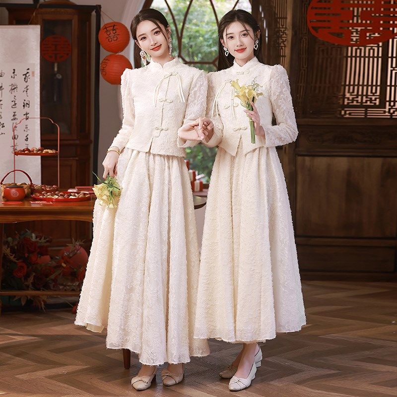 新中式伴娘服女2024新款冬季长袖姐妹服伴娘团礼服裙气质平时可穿