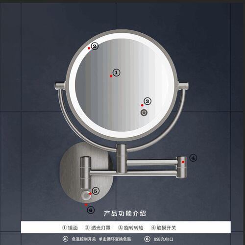 浴室免打孔led带灯化妆镜壁挂折叠卫生间贴墙双面放大补光梳妆镜