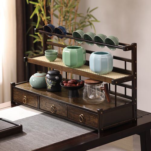 桌面茶杯收纳置物架小型博古架非实木中式紫砂壶摆件架茶具展示架