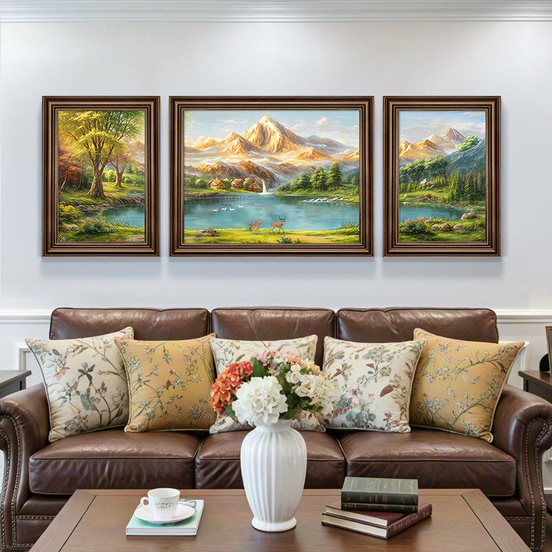 美式客厅装饰画山水画靠山图欧式风景油画沙发背景墙挂画三联壁画